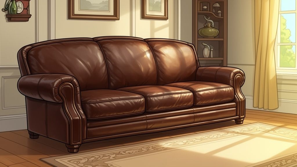 A luxurious brown leather sofa centered in a sunlit living room with wooden floors and curtains.