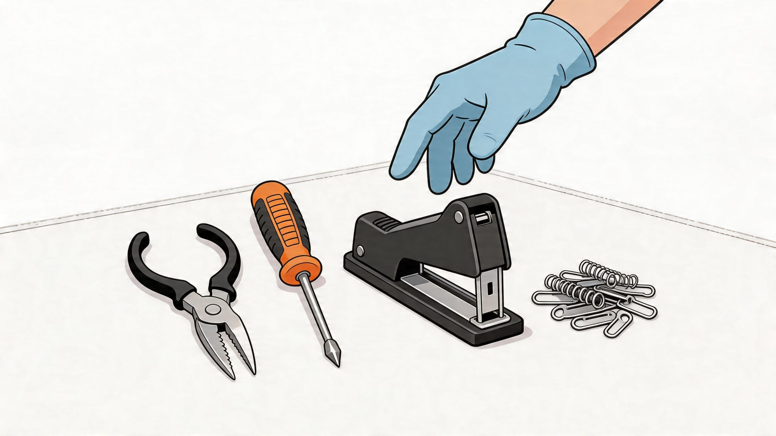 A gloved hand reaches for a stapler near tools and loose couch springs on a table.