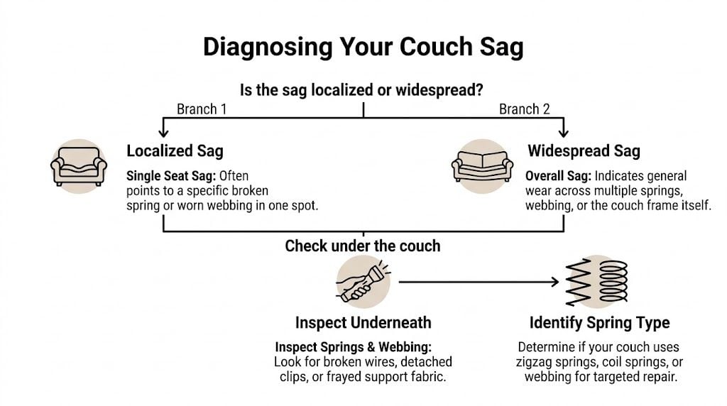 A diagnostic flowchart showing how to determine if a couch sag is localized or widespread for repair.
