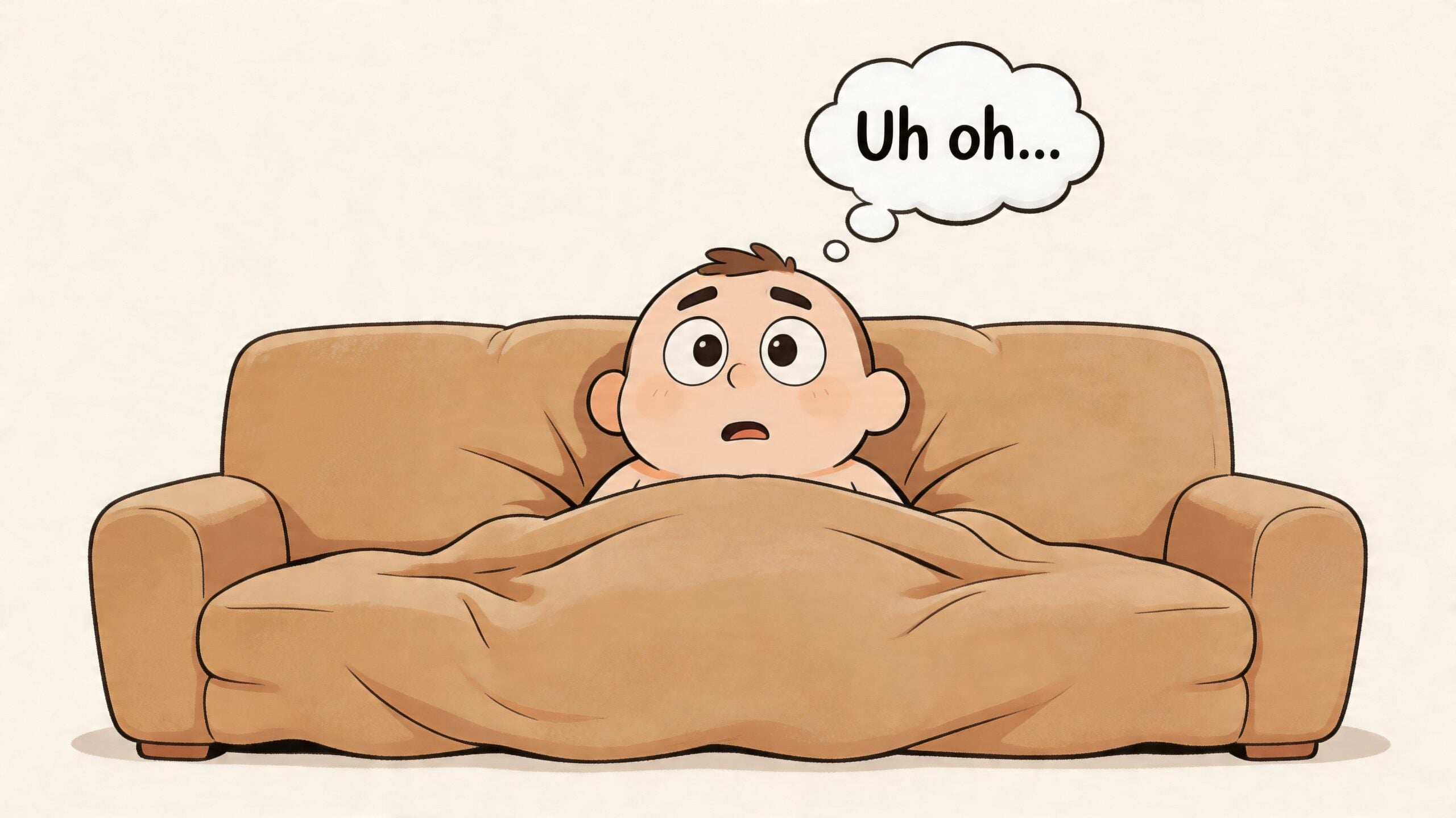 A worried cartoon baby sitting on a couch covered in a blanket with an Uh oh thought bubble.