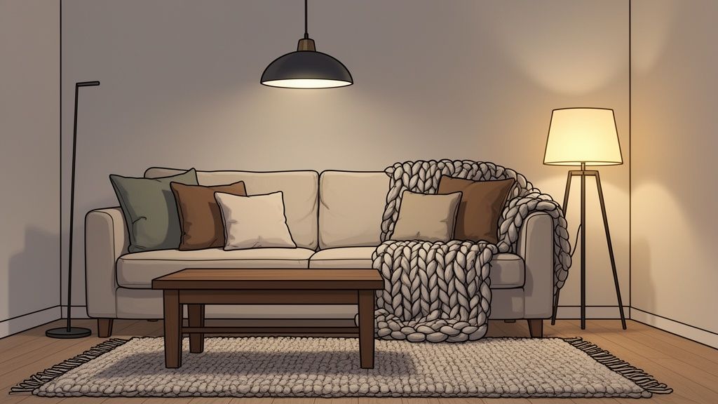 A cozy living room with a beige sofa, knit blanket, coffee table, and warm lighting.