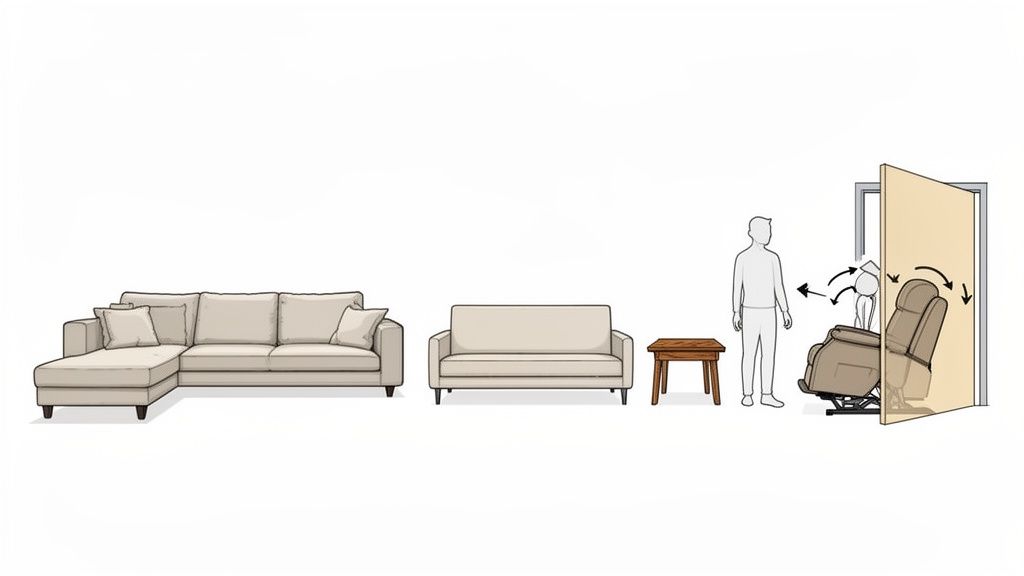 Illustration of various living room furniture including sofas, a table, and a lift recliner chair assisting a person.