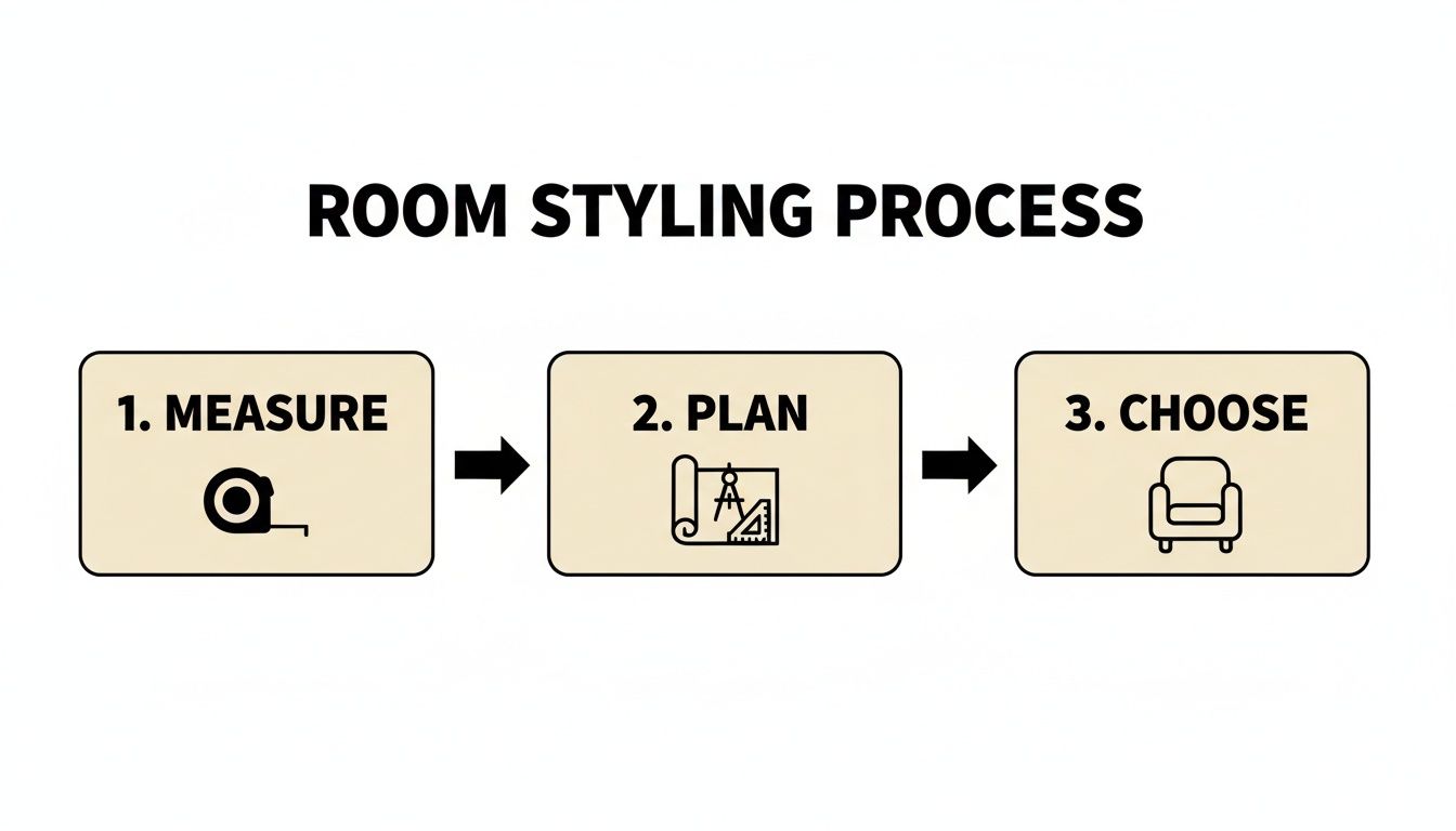 Infographic detailing the room styling process: 1. Measure, 2. Plan, 3. Choose.