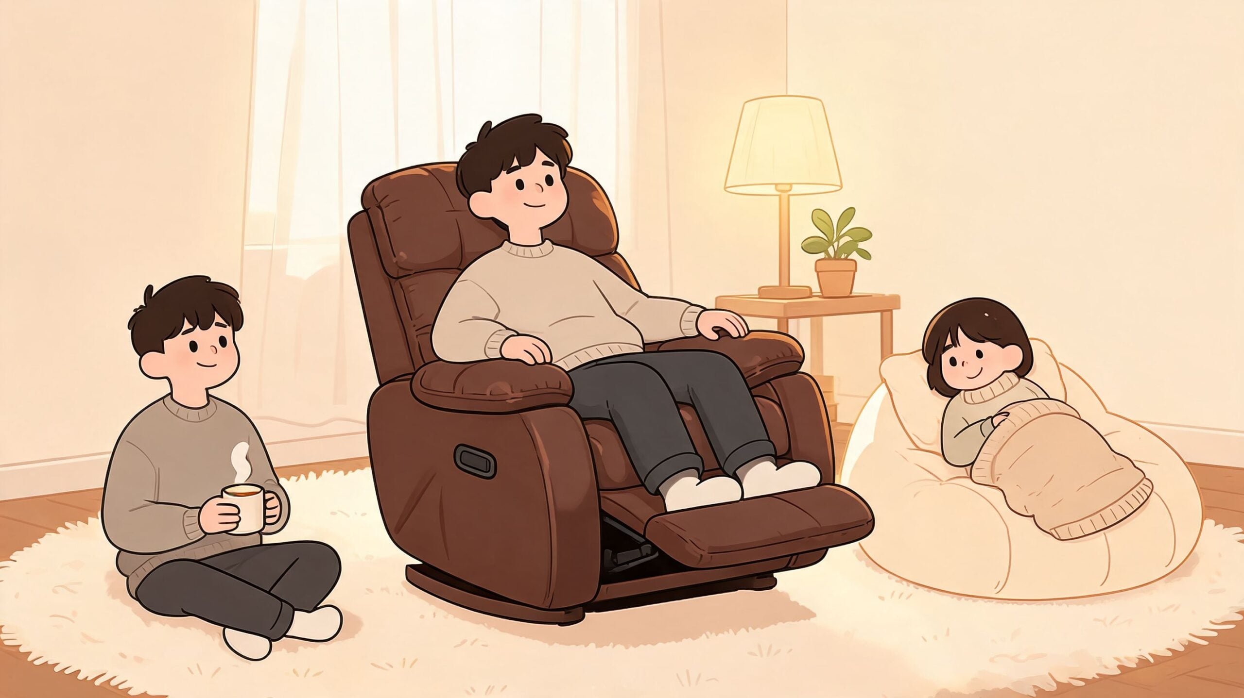 A cozy living room scene with a man in a leather glider recliner, accompanied by family members relaxing nearby.