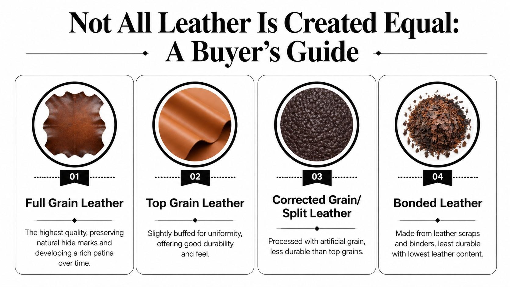 A buyer's guide infographic displaying four types of leather: full grain, top grain, corrected, and bonded leather.