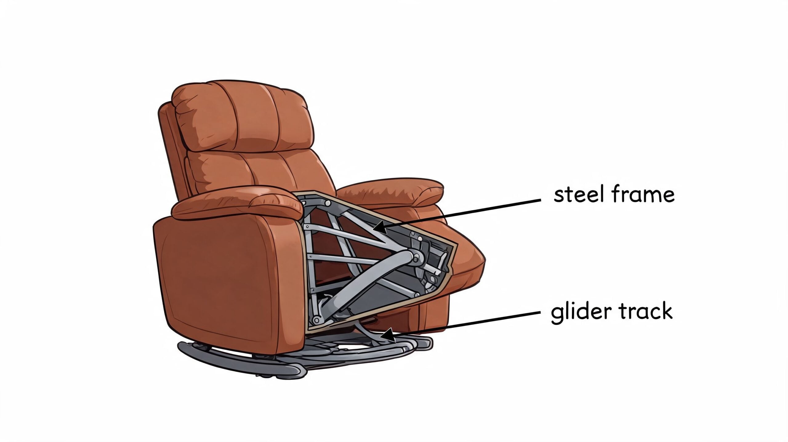 A brown leather glider recliner chair with its side panel removed to reveal the steel frame and glider track.