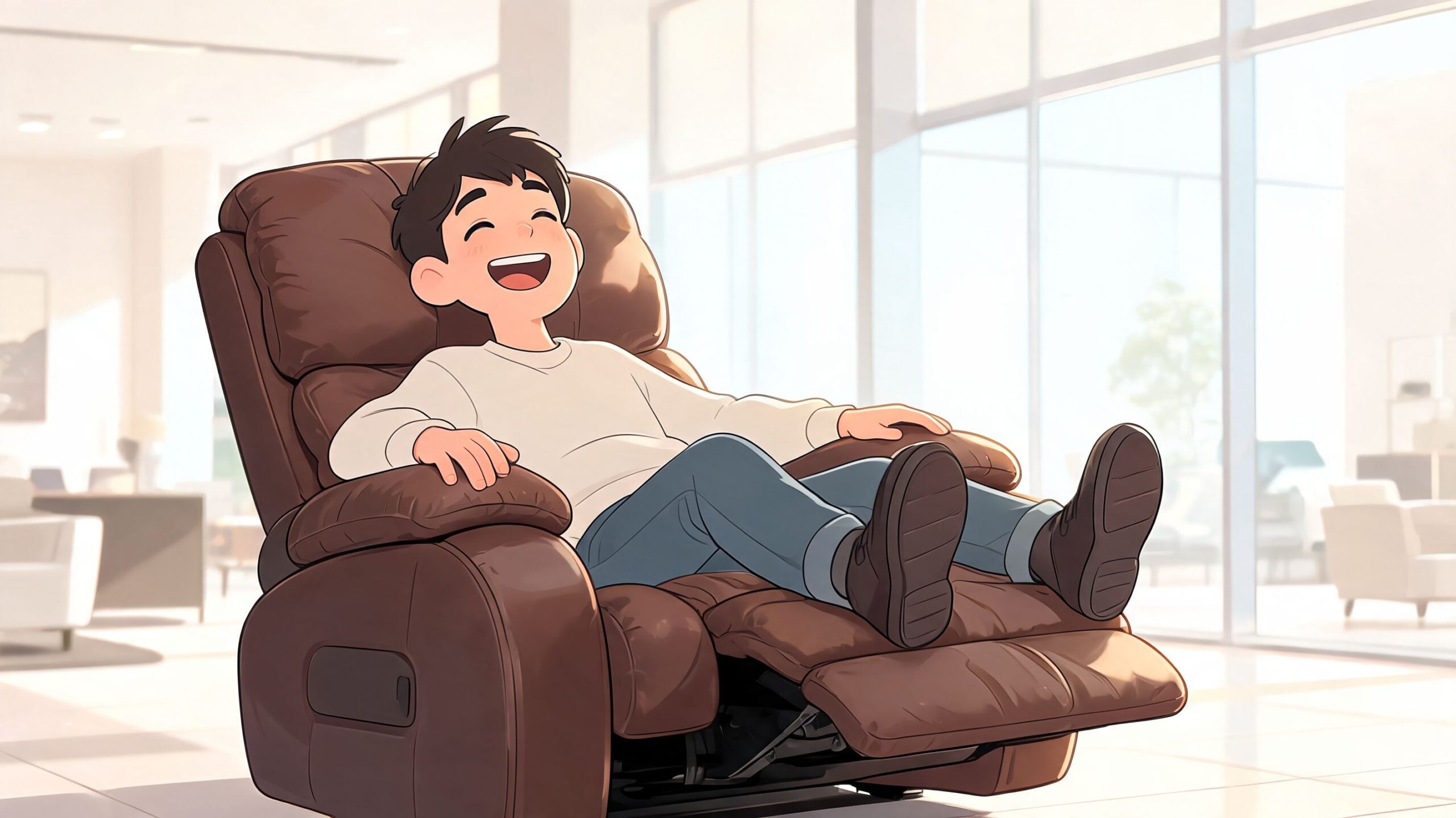 A happy young boy sitting comfortably and relaxing in a brown leather glider recliner chair indoors.