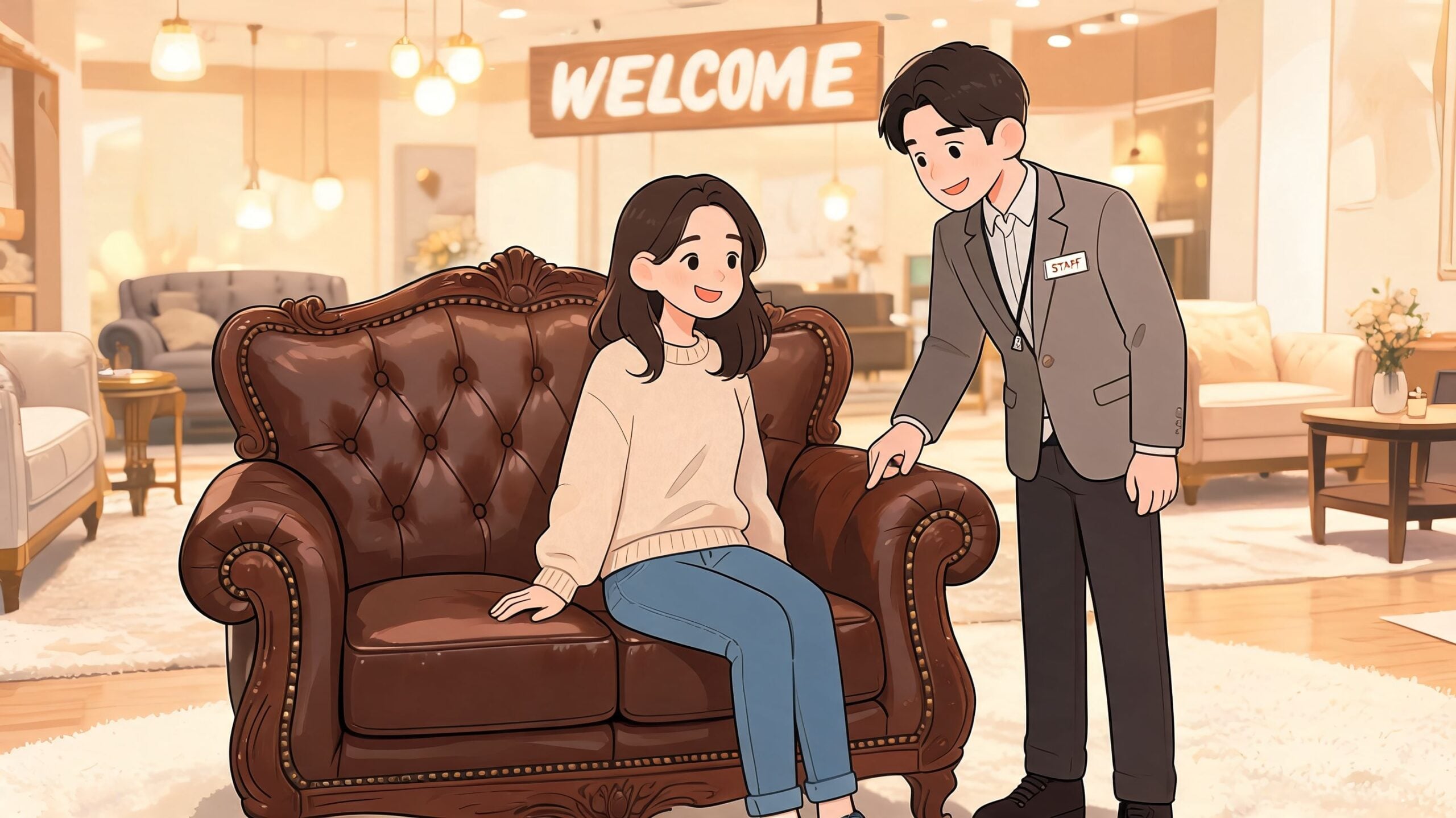 A friendly furniture store clerk assists a woman shopping for comfortable leather loveseats in a showroom.