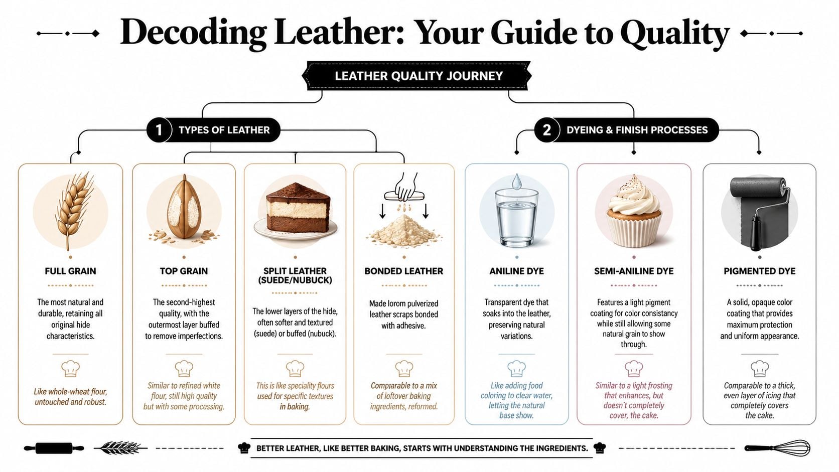 An infographic titled Decoding Leather explaining the quality types, dyeing, and finishing processes of various leathers.