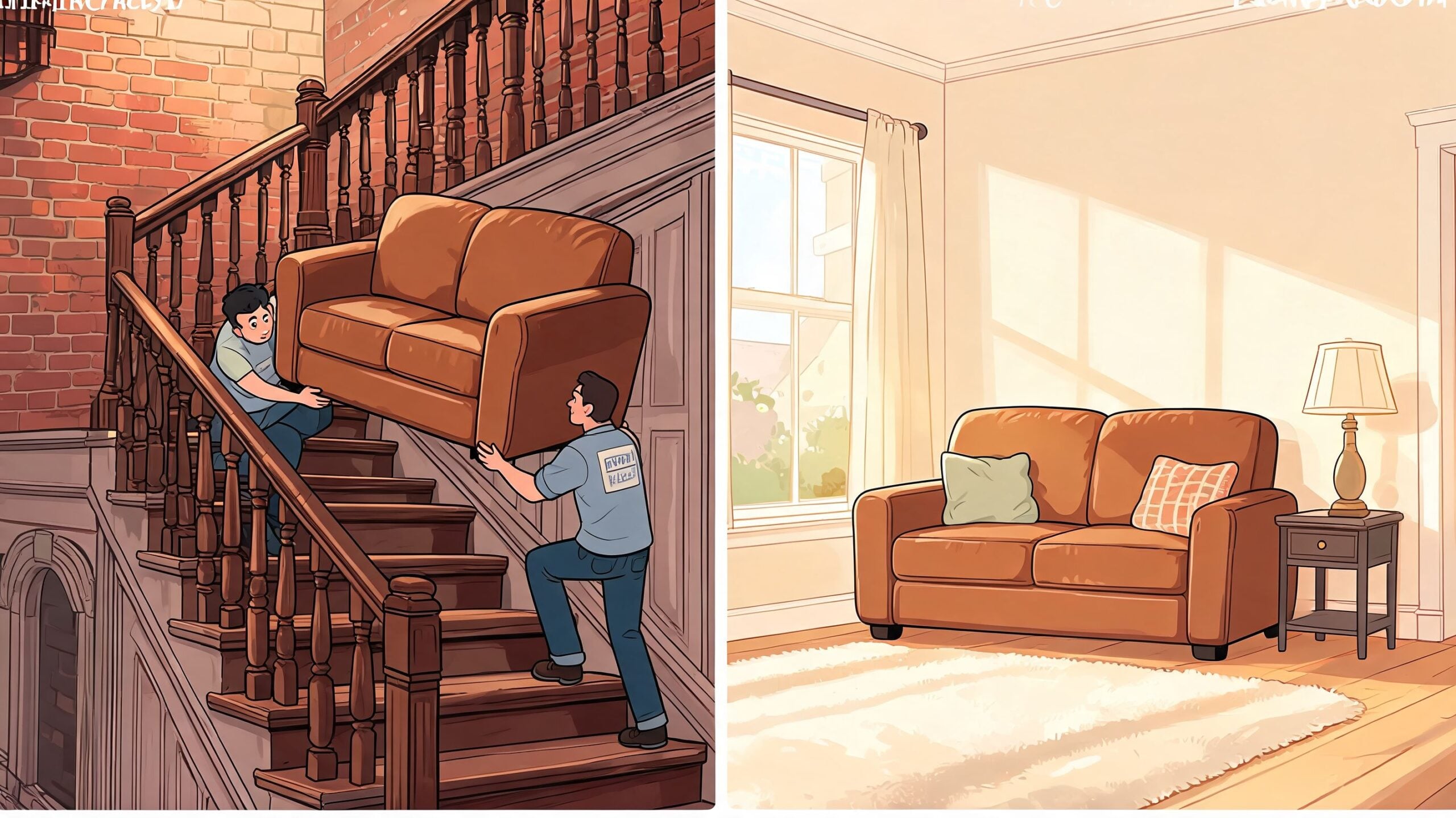 Two movers carrying a brown leather loveseat up wooden stairs into a sunlit, furnished living room.