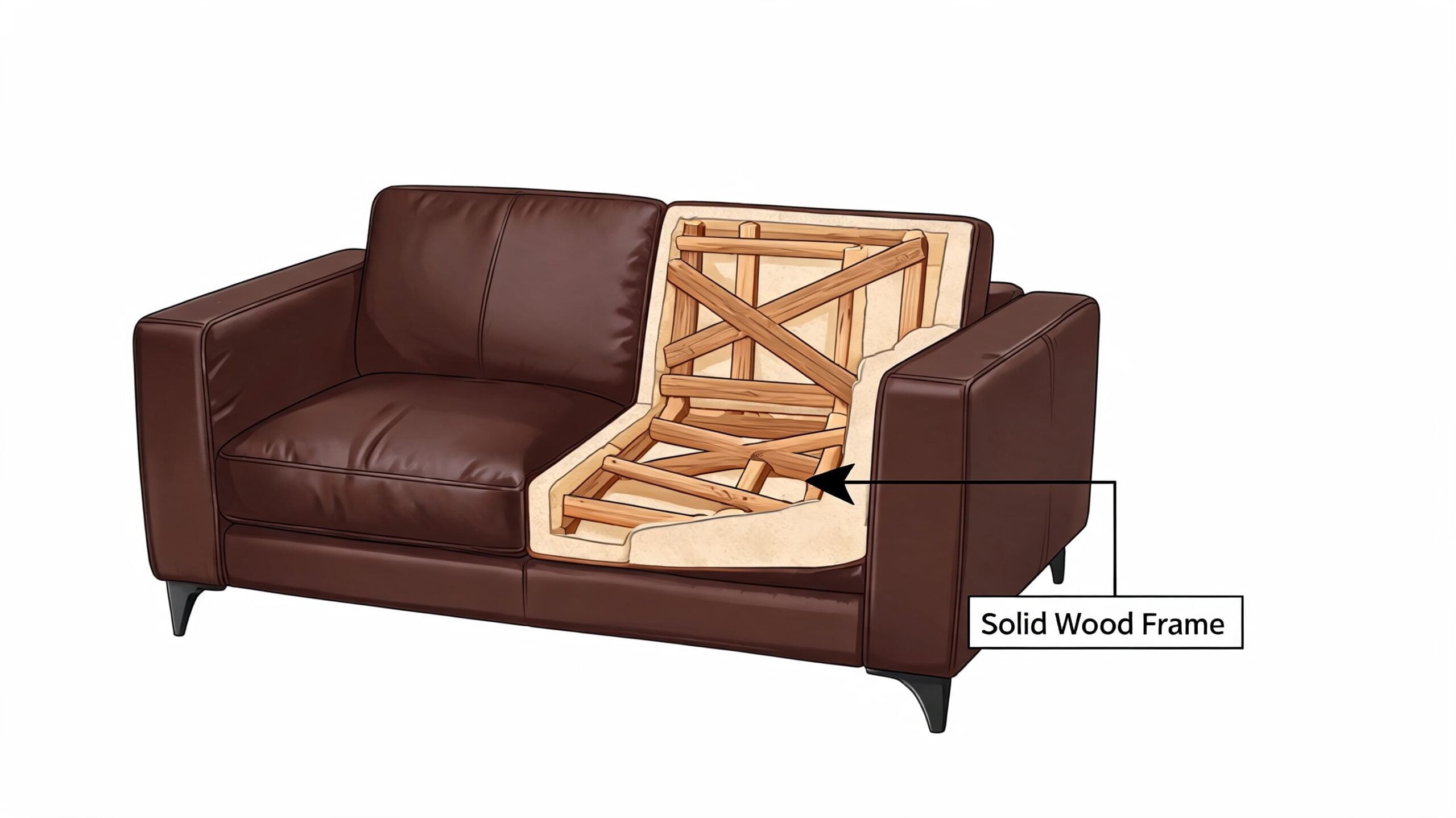 A cutaway view of a leather loveseat showing the interior solid wood frame construction.