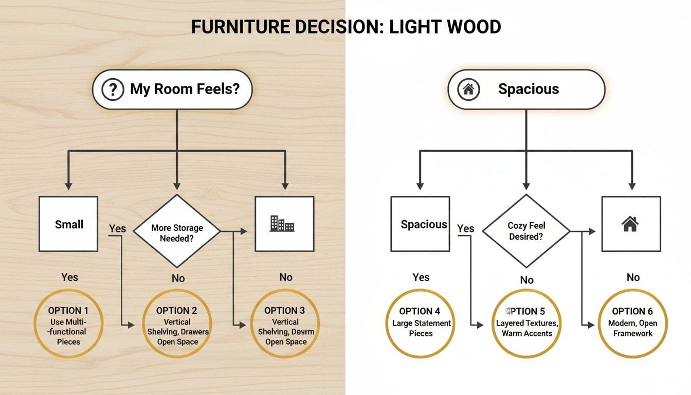 A light wood furniture decision flowchart with options based on room size, storage, coziness, and style preferences.