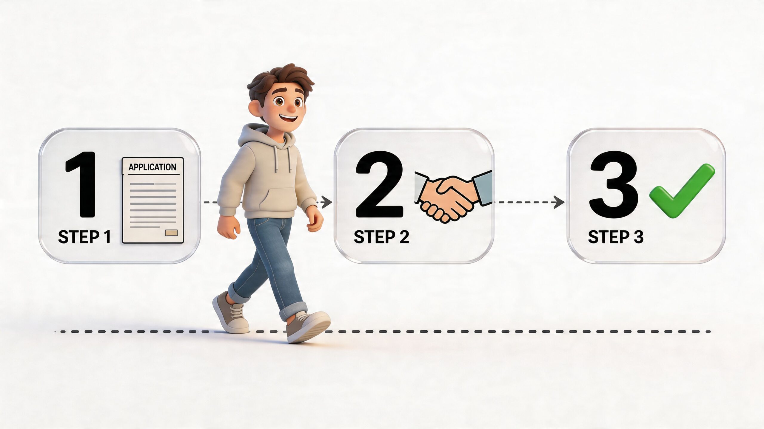 A 3D character walking past three numbered steps representing an easy application and approval process for financing.