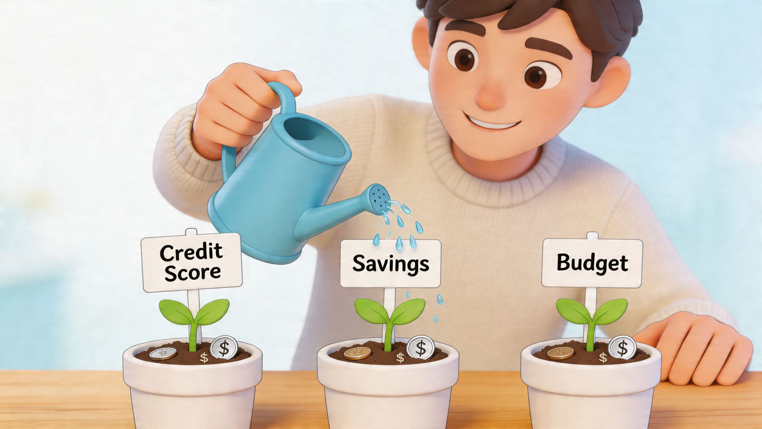 A 3D illustration of a young man watering small plants in pots labeled credit score, savings, and budget.