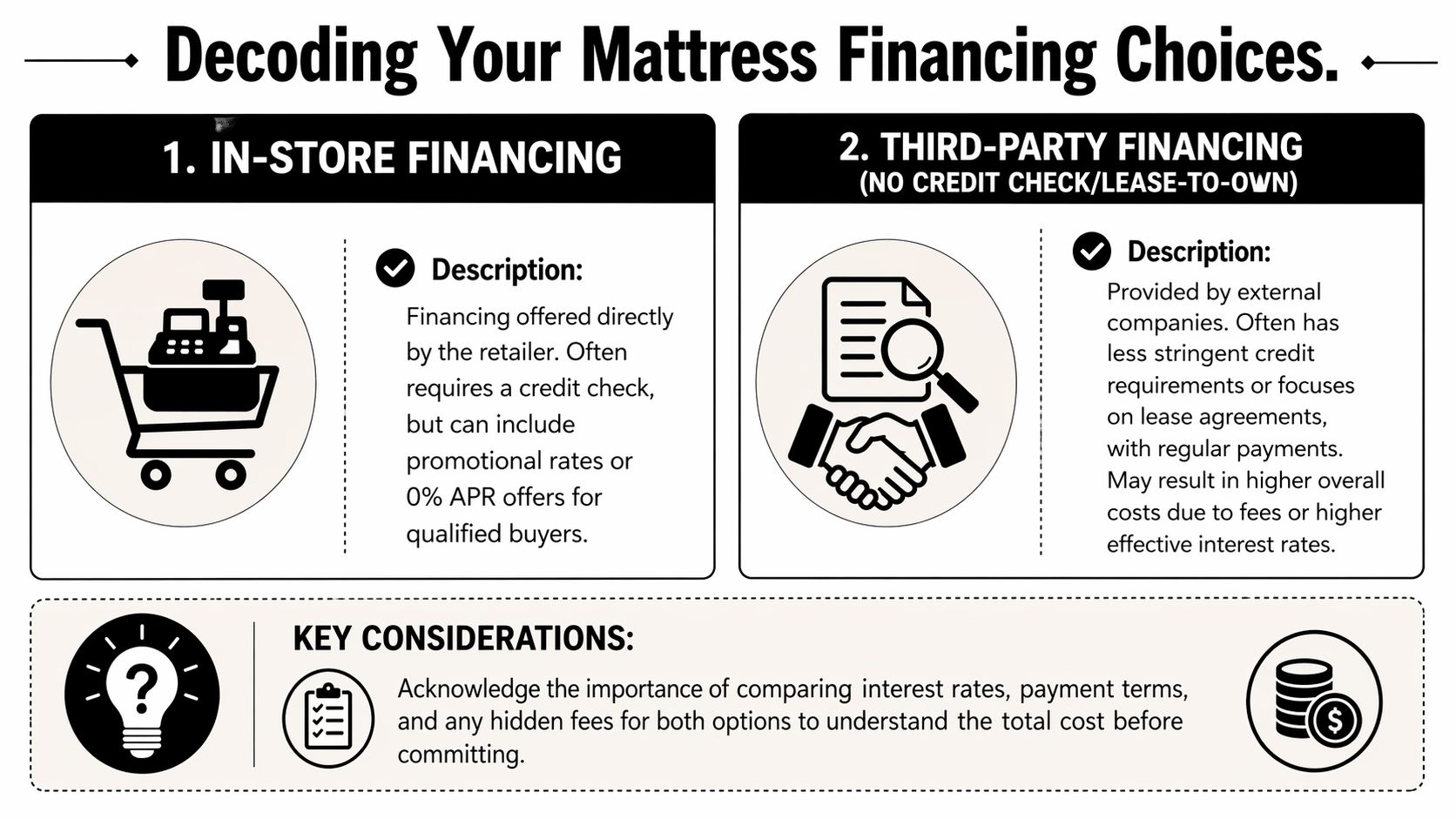 An infographic comparing in-store financing and third-party lease-to-own options for buying a new mattress.