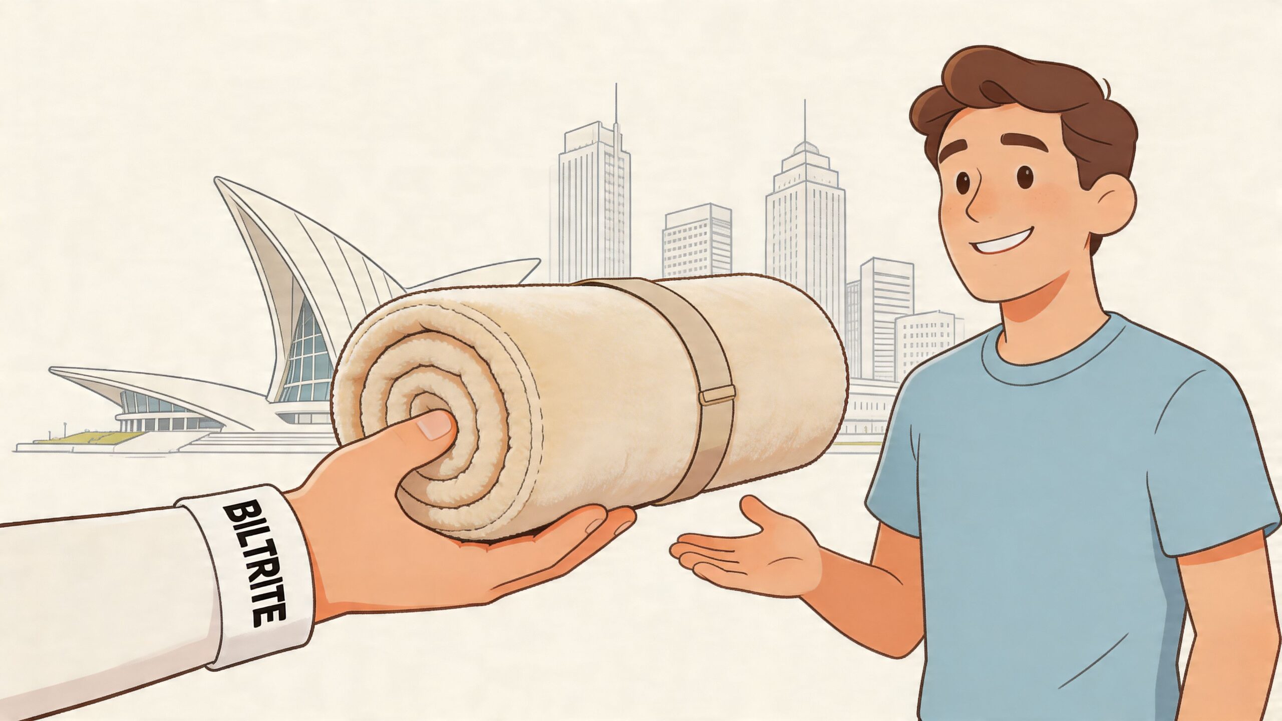 A Biltrite representative handing a rolled mattress to a smiling customer in front of a city skyline.