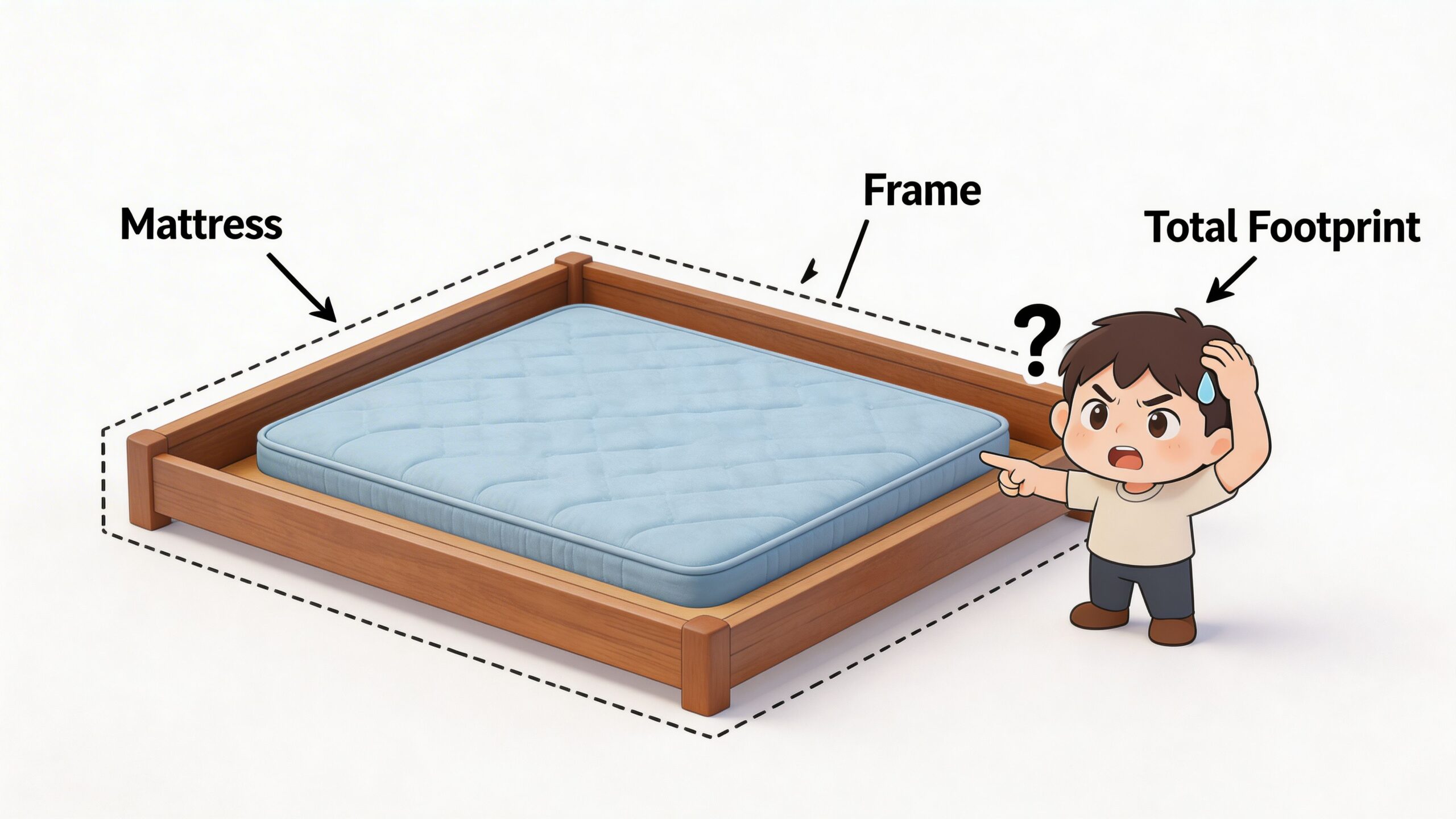 A confused boy looking at a mattress inside a bed frame to understand the total footprint measurements.