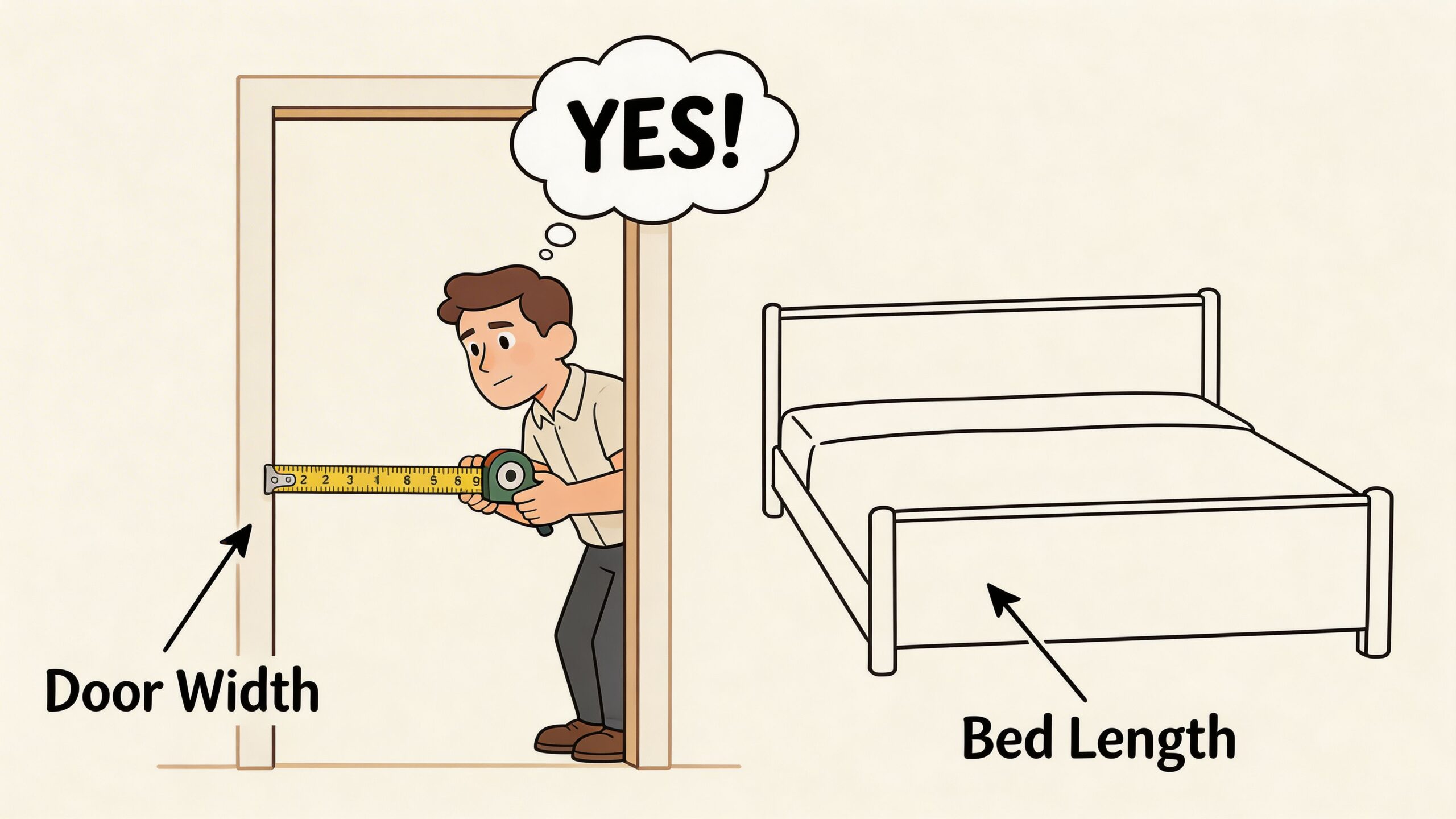 A person measures the width of a door frame with a tape measure next to a bed.