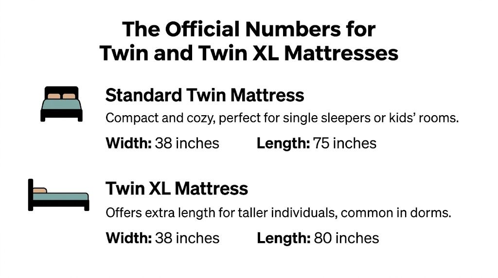 A chart comparing the dimensions of a standard twin mattress and a twin XL mattress.