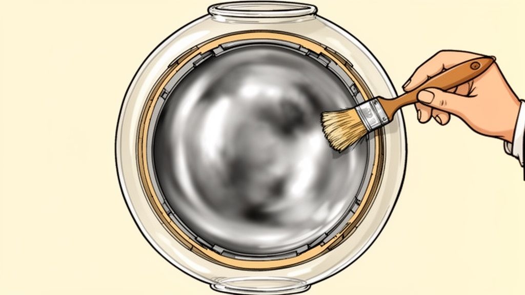 A close-up illustration of a hand using a brush to apply a silver substance to glass.