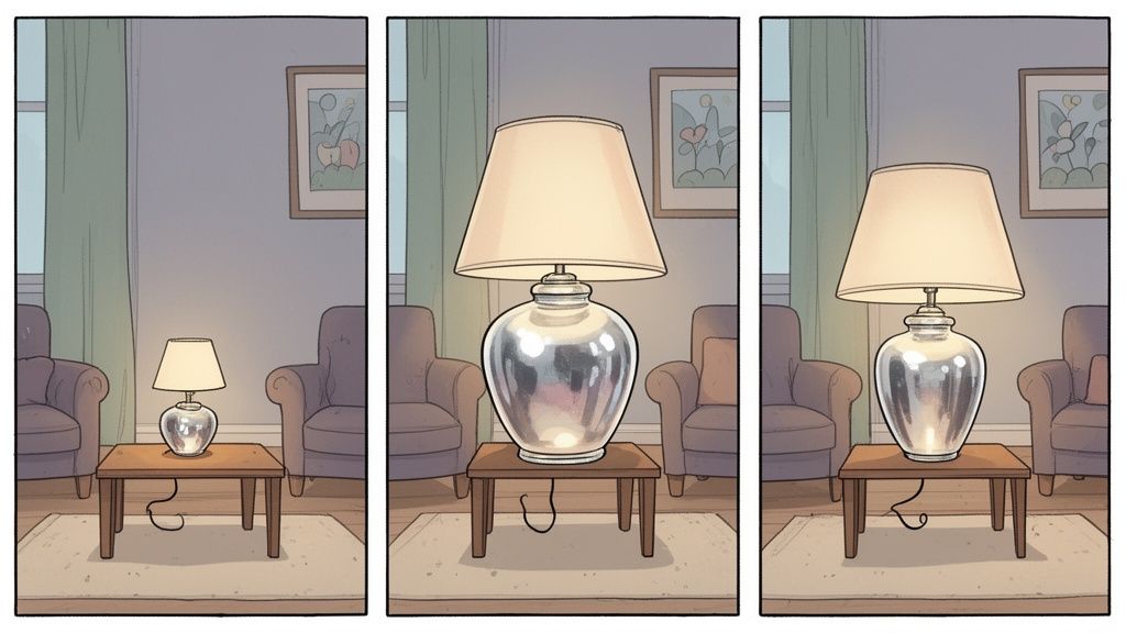Three comic-style panels showing a mercury glass table lamp gradually growing larger on a living room table.
