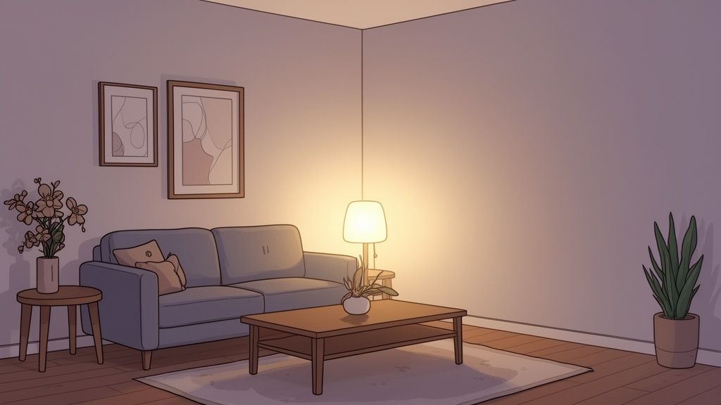 A cozy, minimalist living room with a couch, coffee table, glowing lamp, and indoor potted plants.