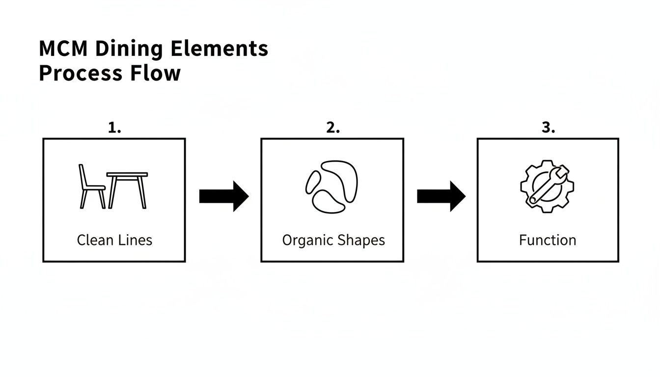 A process flow diagram illustrating MCM dining elements: Clean Lines, Organic Shapes, and Function.