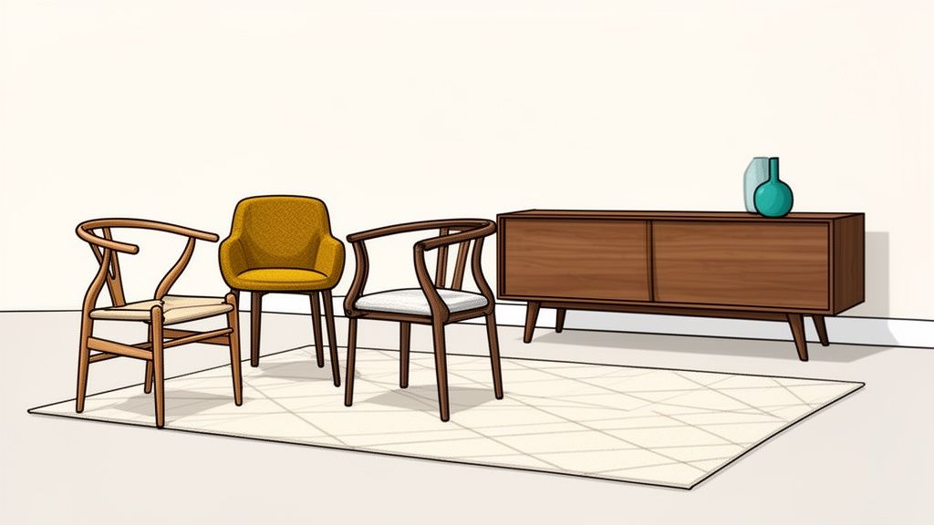 Three mid-century modern chairs, a wooden credenza with vases, and a patterned rug on the floor.