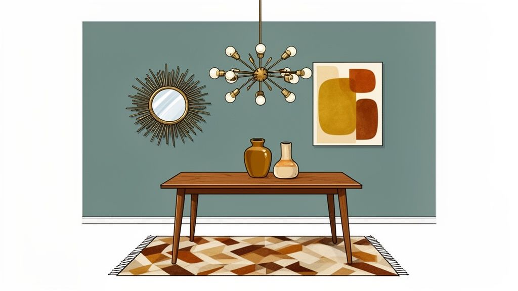 A vibrant mid-century modern dining room featuring a wooden table, rug, mirror, and art.
