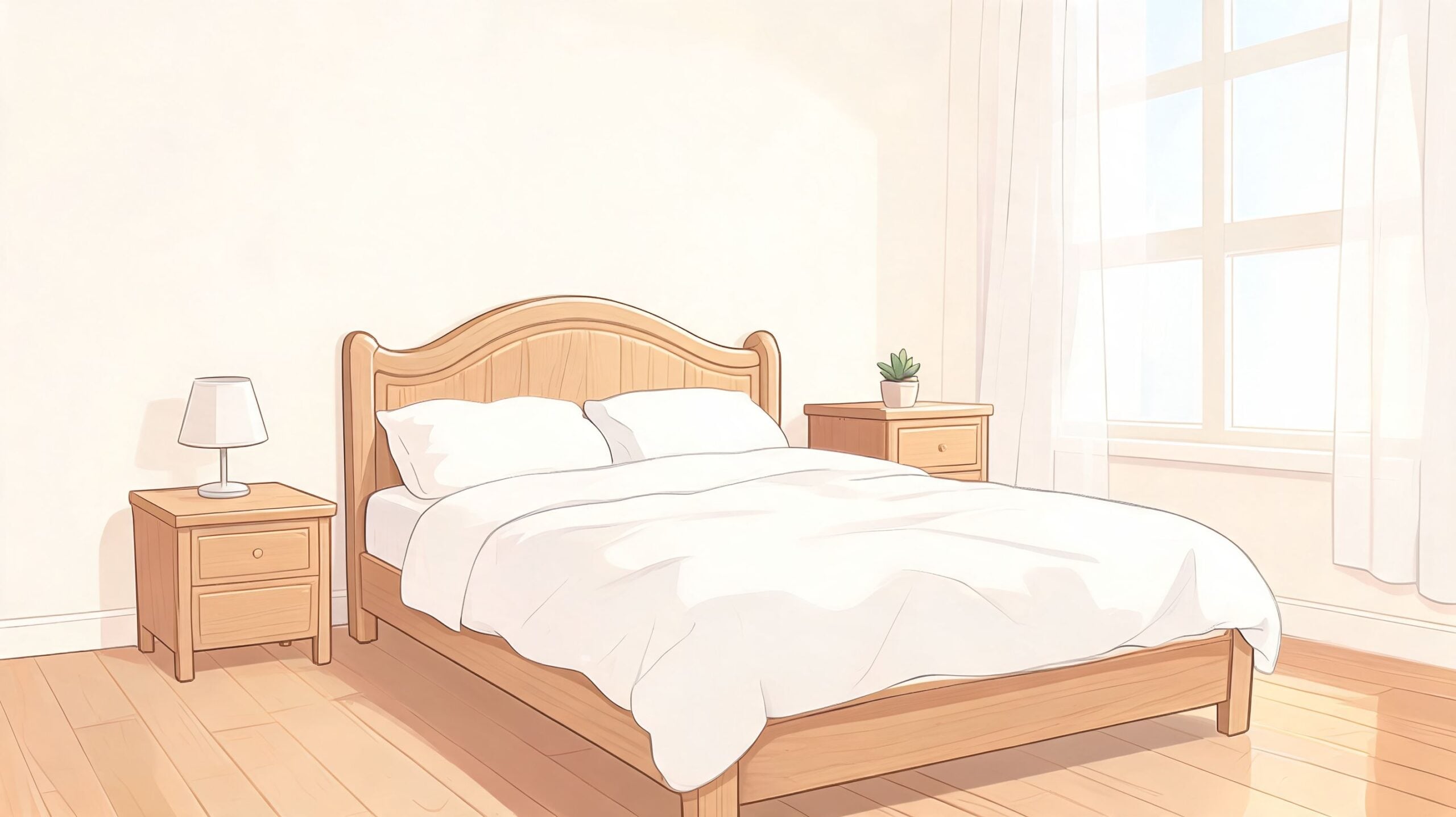 A cozy bedroom featuring a wooden bed, two nightstands, and soft sunlight streaming through a large window.