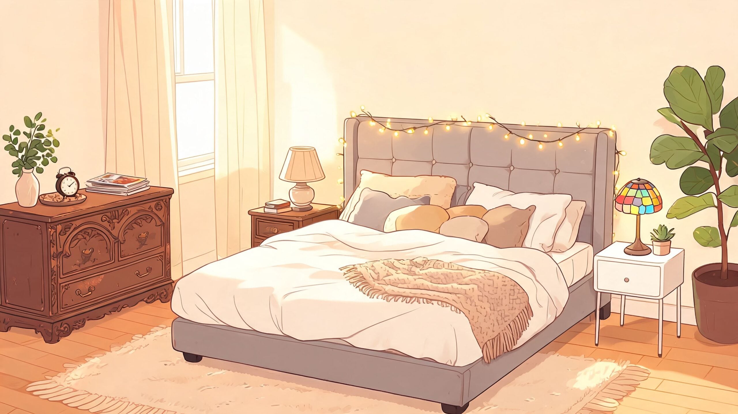 A cozy, sunlit bedroom featuring a comfortable bed with string lights and mismatched vintage and modern side tables.