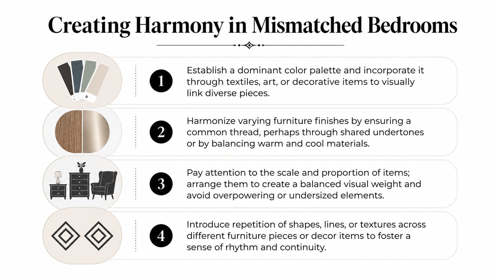 An infographic titled Creating Harmony in Mismatched Bedrooms, listing four design tips for cohesive room decor.