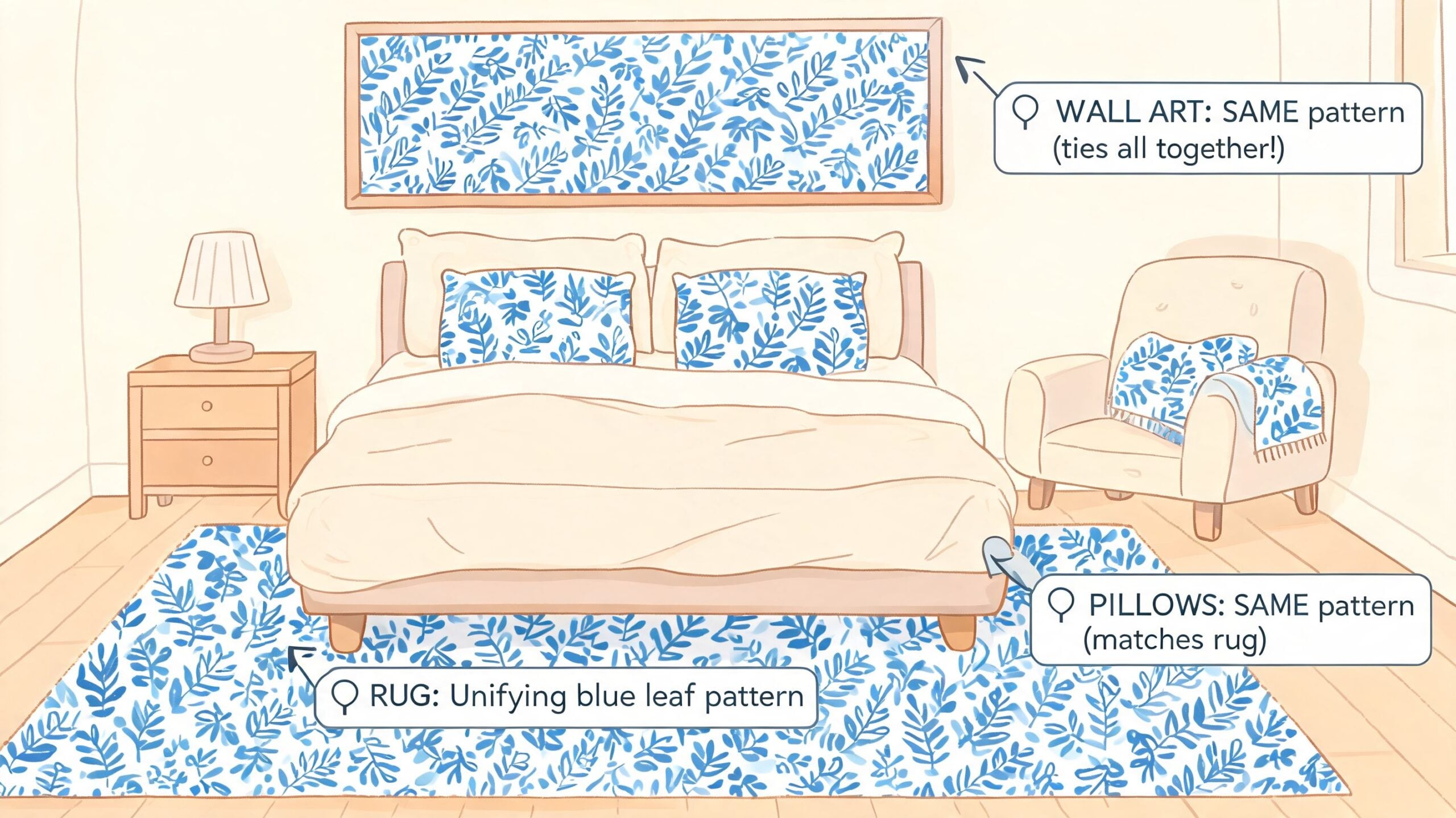 An illustration of a bedroom showing how a consistent blue leaf pattern unifies different furniture items.