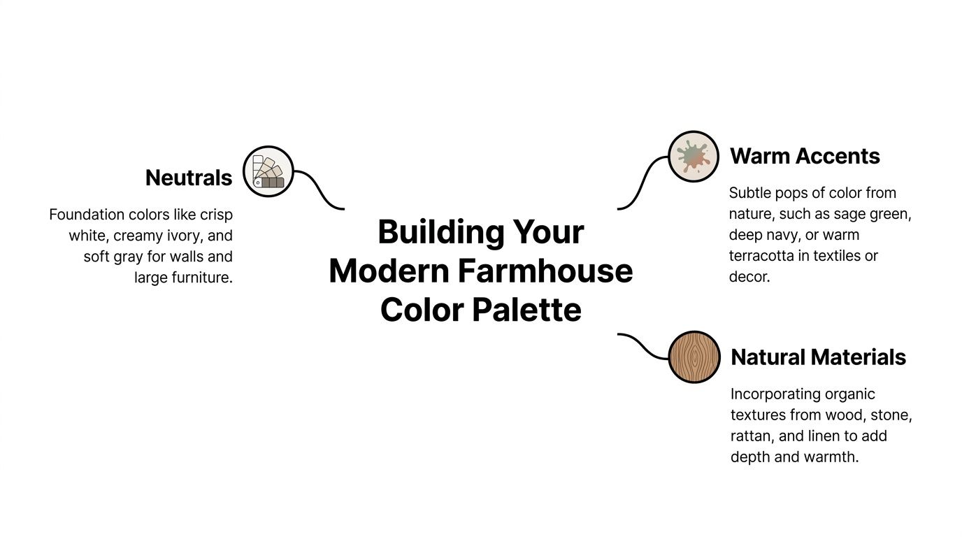 A graphic illustration detailing the three essential design elements for building a modern farmhouse color palette.