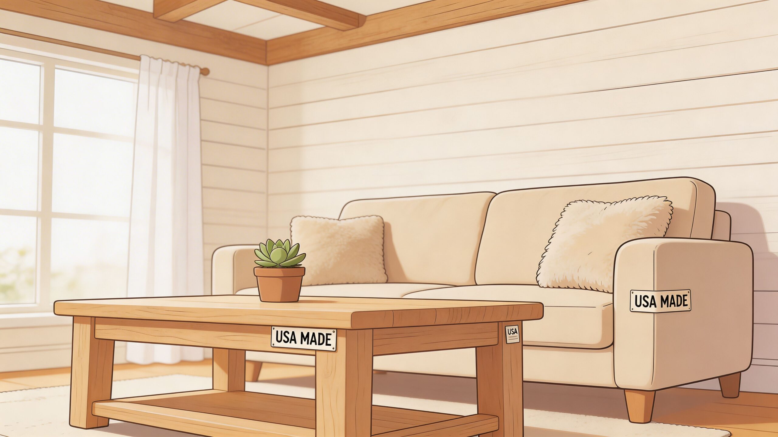 A cozy, sunlit modern farmhouse living room featuring a light beige sofa and a rustic wooden coffee table.