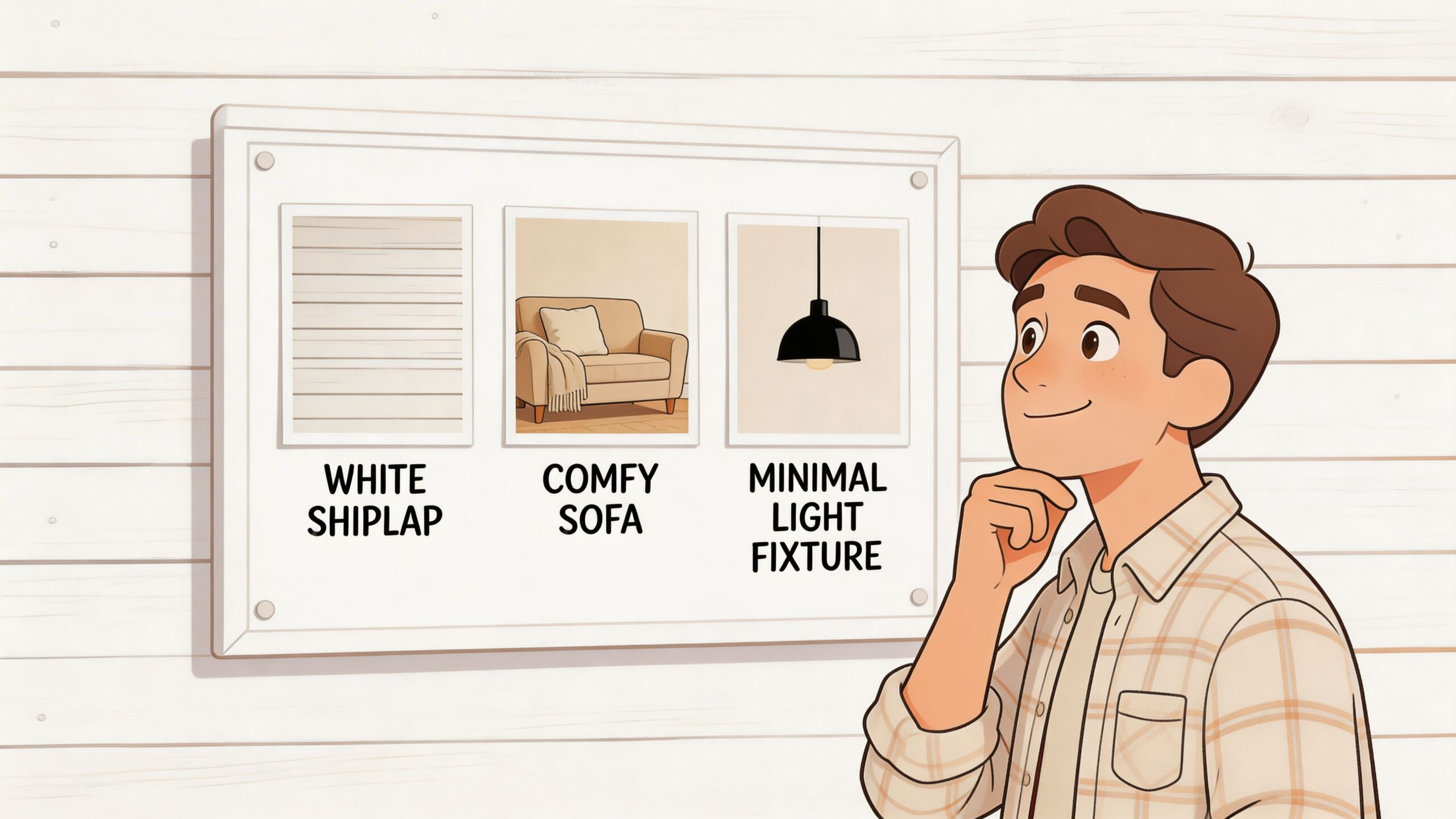 A young man looking at a design mood board displaying white shiplap, a comfy sofa, and lighting.