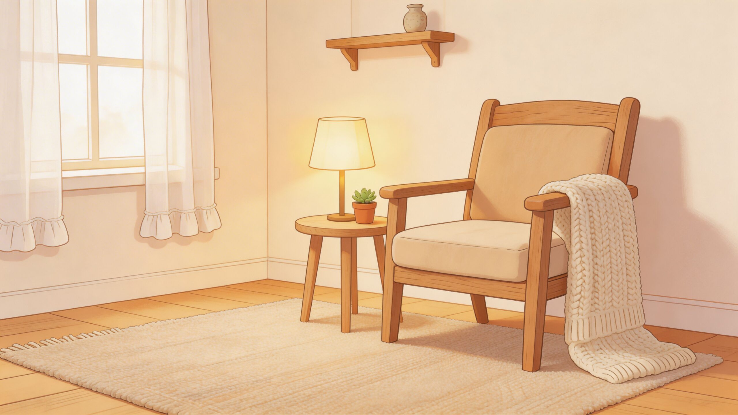 A cozy reading nook featuring a wooden armchair, a small side table with a lamp, and a rug.