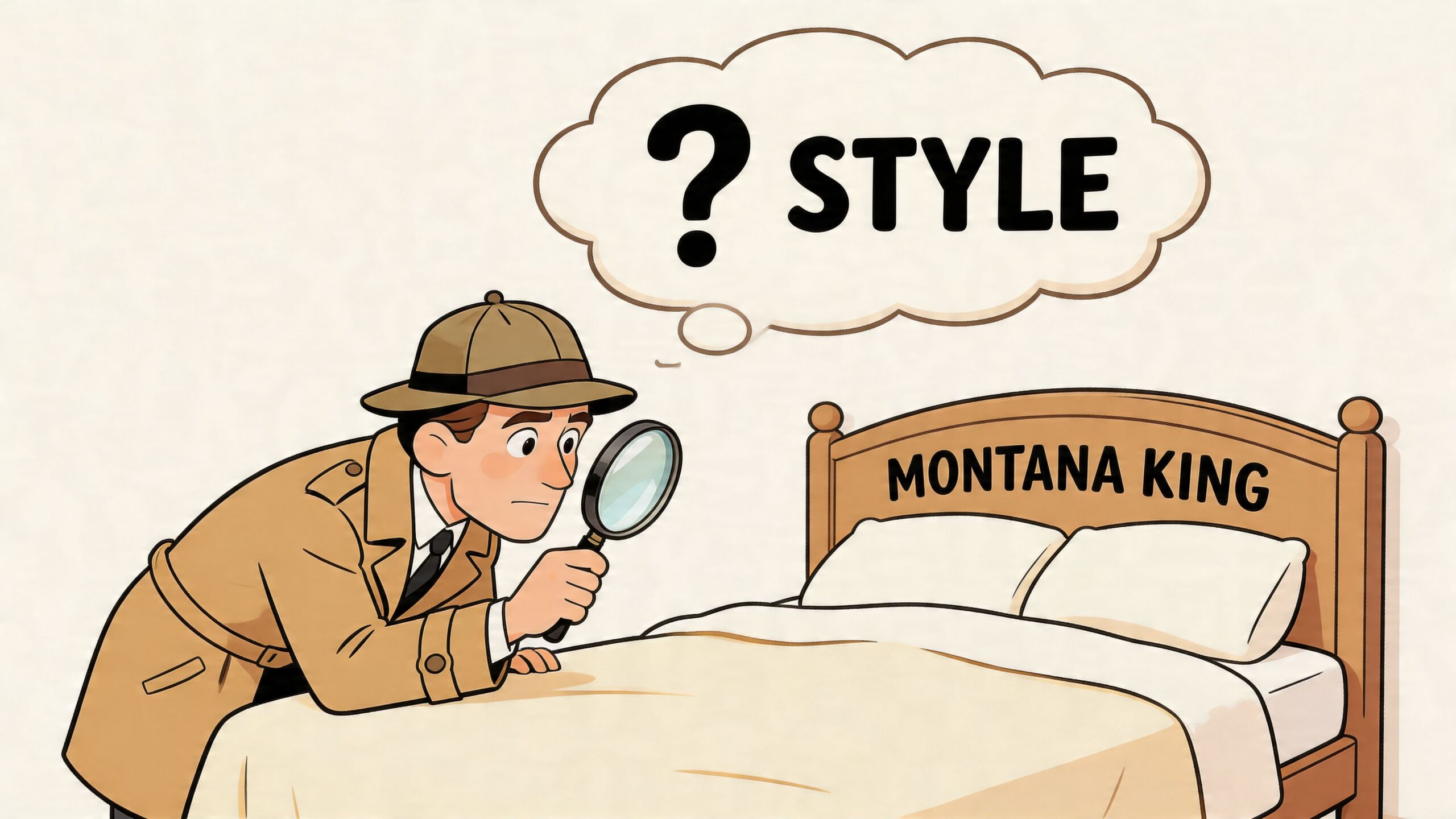 A cartoon detective inspecting a Montana king size bed with a magnifying glass while thinking about style.