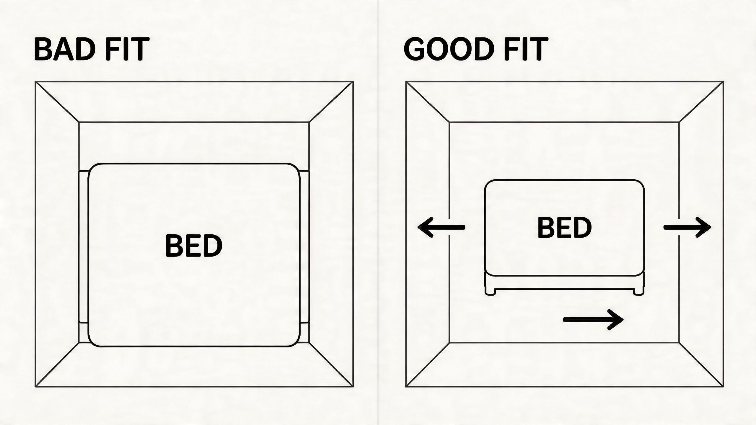 Comparison diagram showing a large bed filling the room versus a smaller, better fitting bed size.