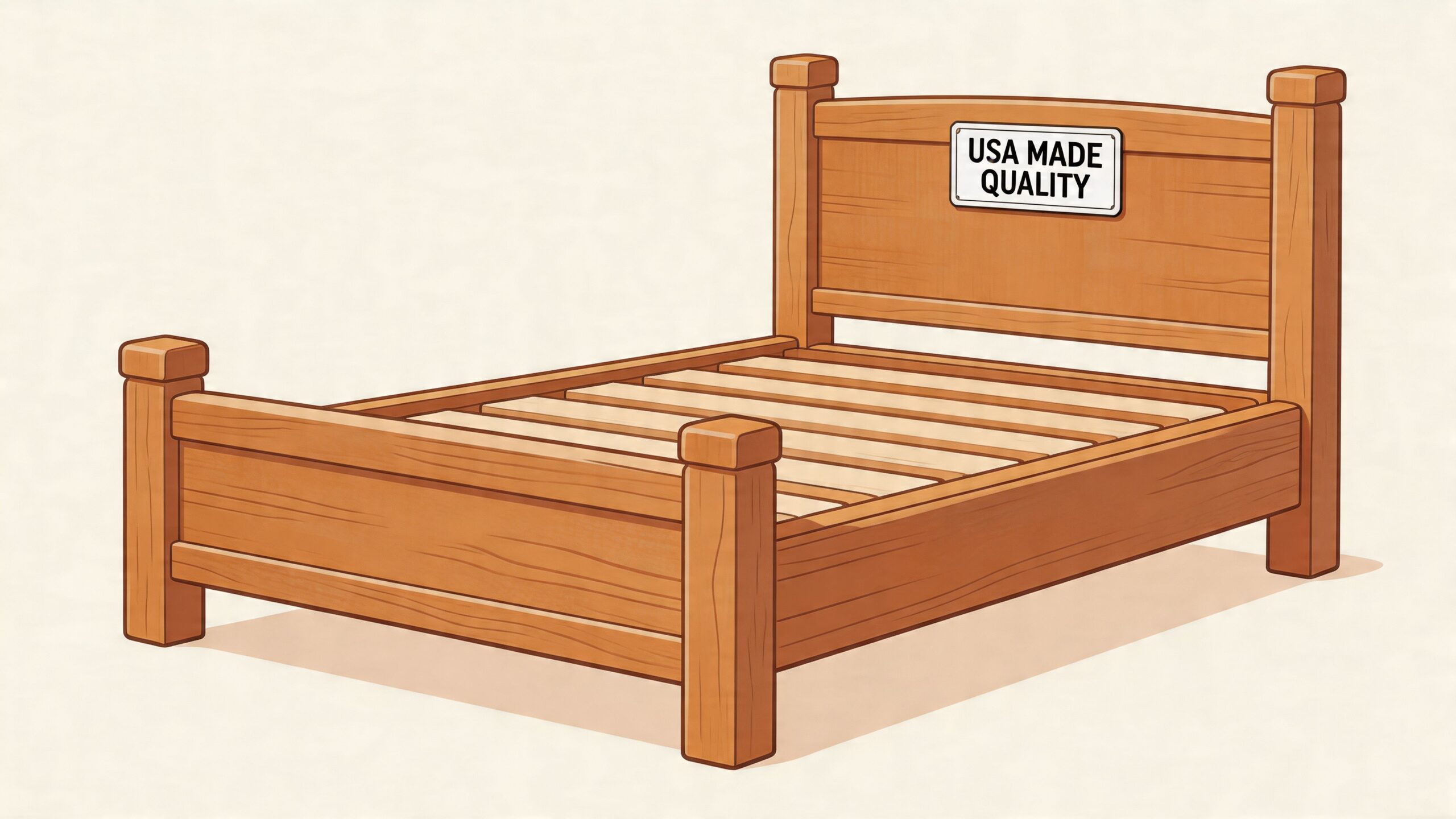 A classic wooden bed frame with slats, featuring a USA Made Quality sign on the headboard.