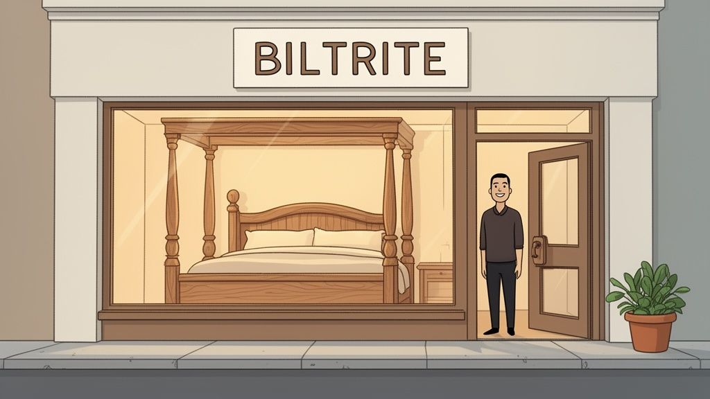 A man stands at the entrance of Biltrite, a furniture store displaying a large wooden four-poster bed.