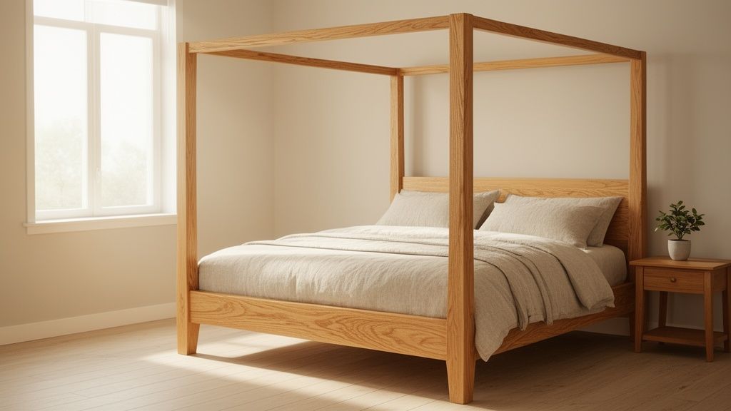 A minimalist bedroom featuring a light oak four-poster bed with neutral linen bedding.