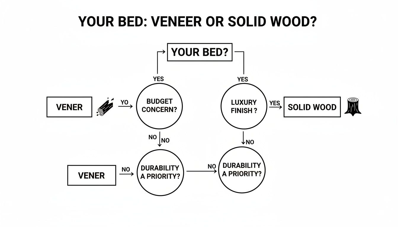 A flowchart comparing veneer and solid wood bed options based on budget, luxury, and durability concerns.
