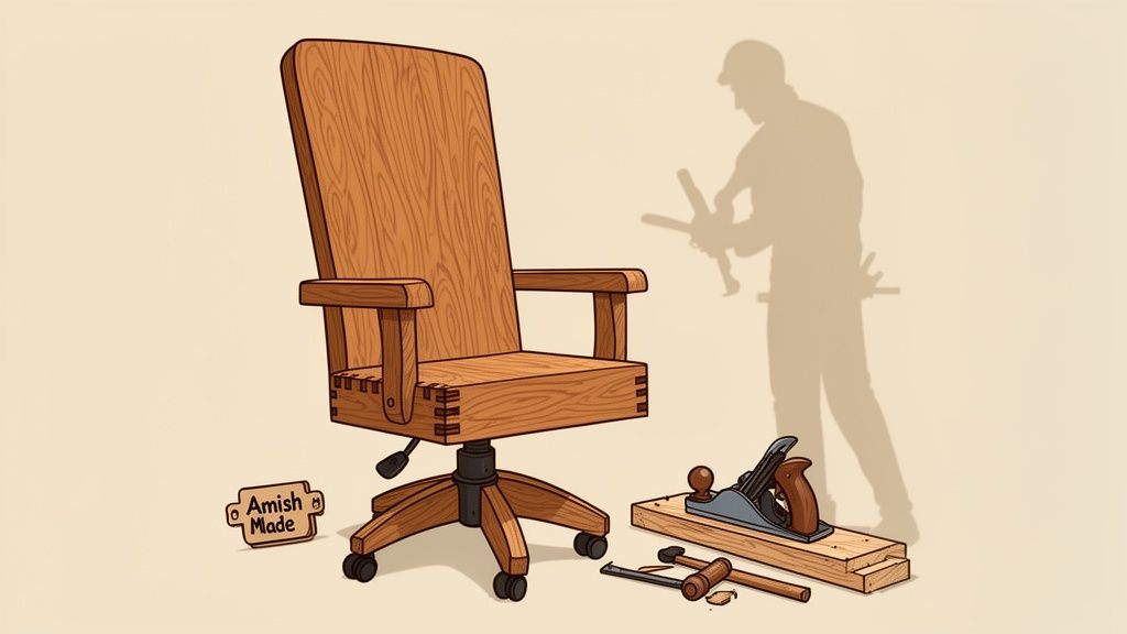 An Amish-made wooden office chair with traditional hand tools and a craftsman's shadow.