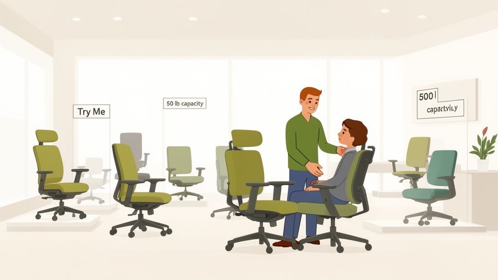 Two people in a modern office chair showroom with various green chairs and capacity signs.