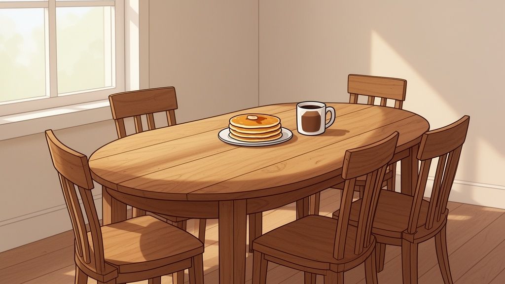 A cozy breakfast scene with a stack of pancakes and coffee on an oval wooden dining table, illuminated by sunlight.