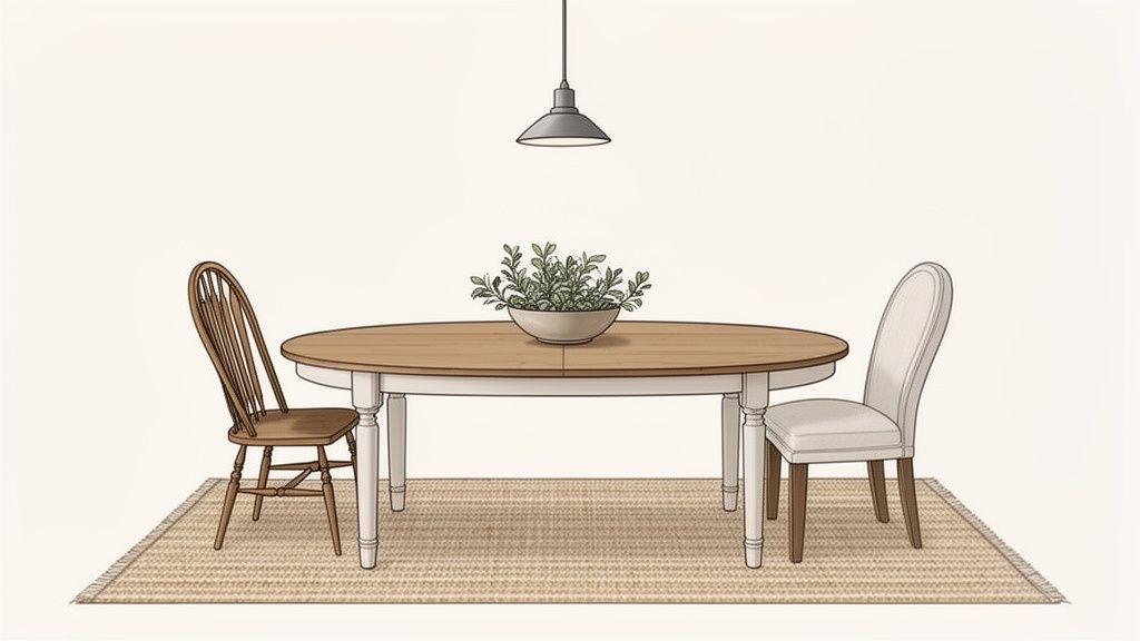 A rustic farmhouse dining room setup with an oval table, two chairs, and a plant.
