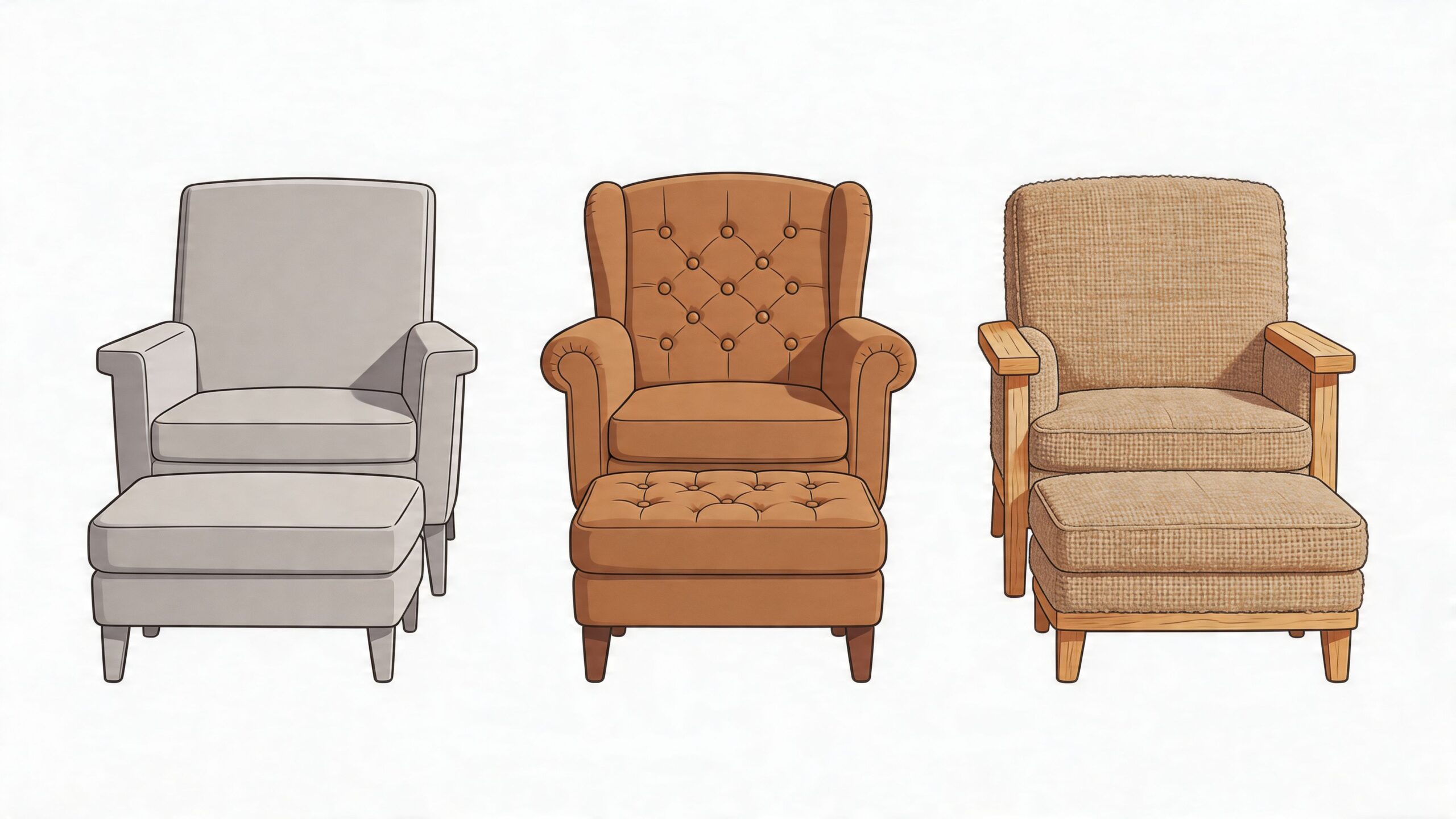 A collection of three different styles of comfortable oversized armchairs each paired with a matching footstool ottoman.