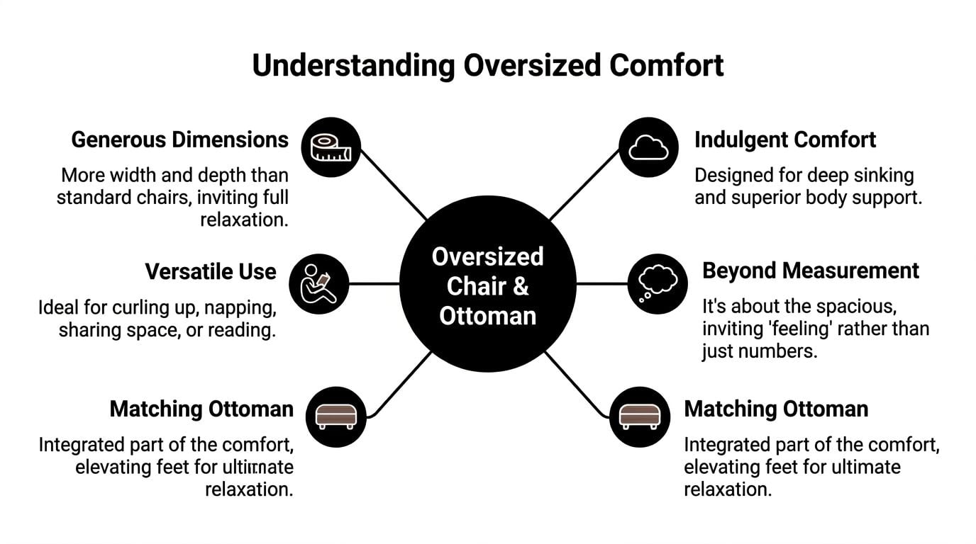 A mind map infographic illustrating the key features and benefits of owning an oversized chair and ottoman.