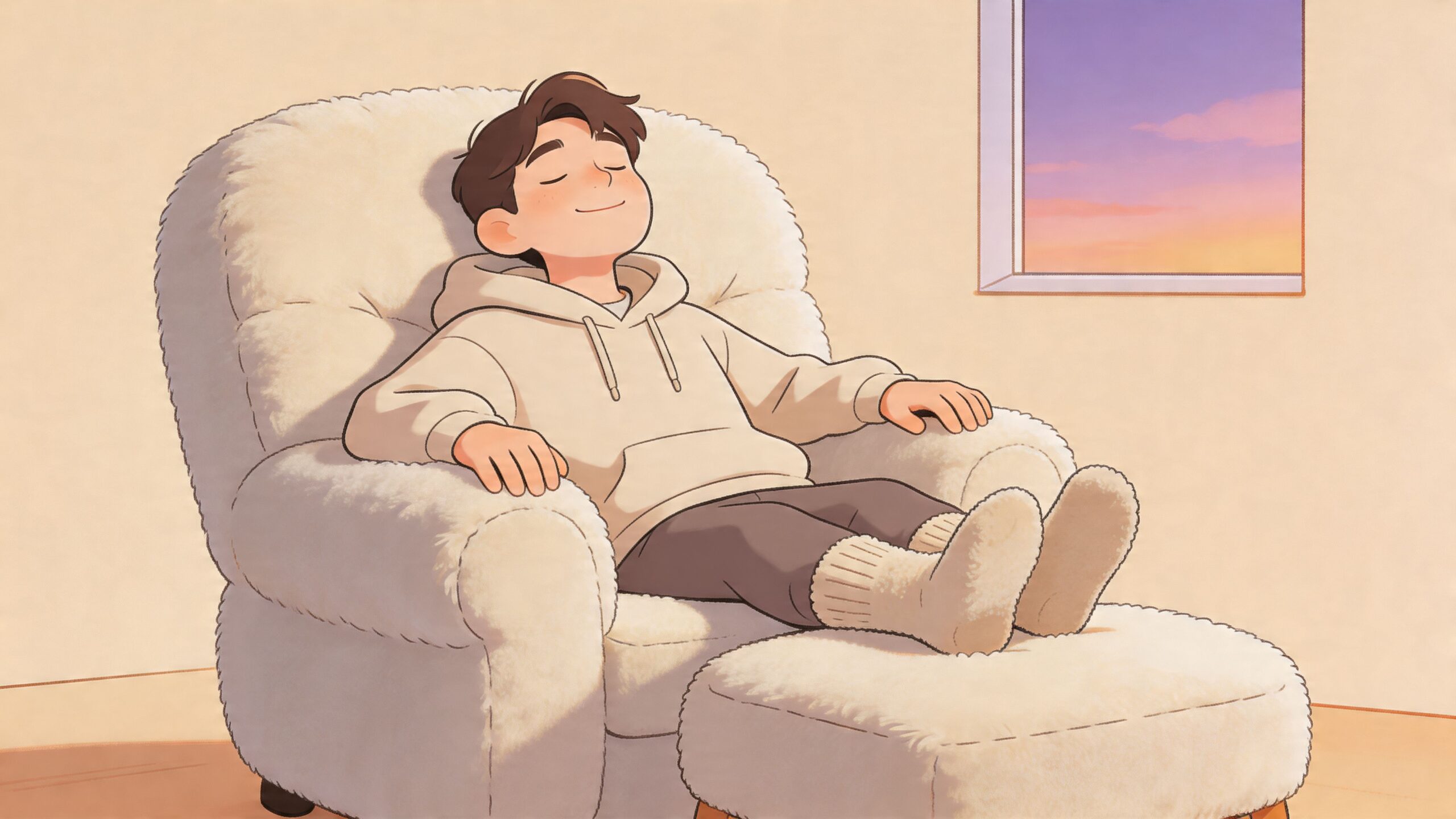 A young man relaxing peacefully in a cozy plush chair with an ottoman in a sunny room.